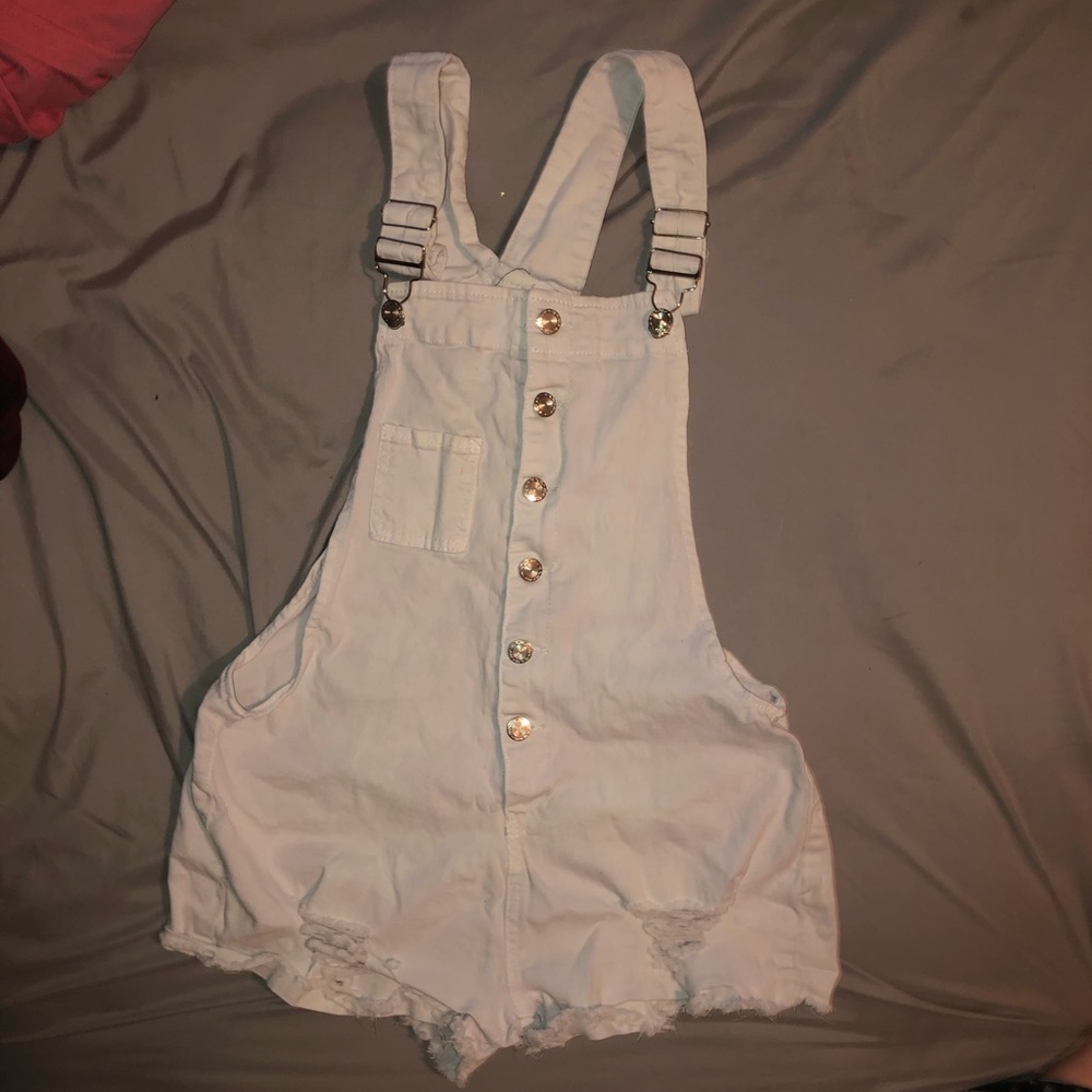 Distressed button down overalls shorts